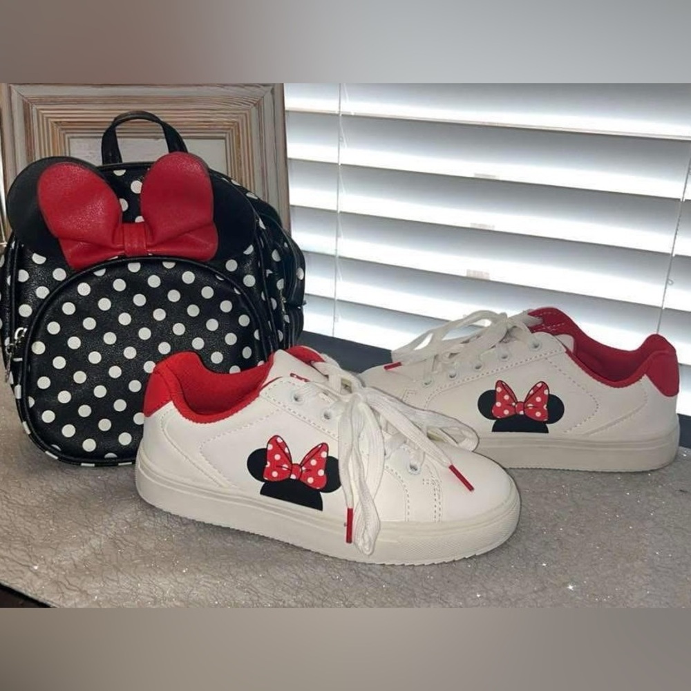 White Sneakers with Red and Black Bow Design